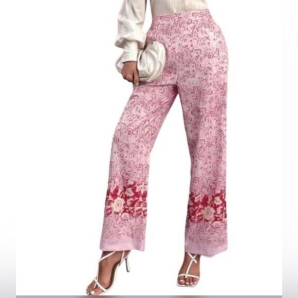 Zara High-Waisted Wide Leg Linen Blend Trouser Pants Size Small Paisley New Pink - Picture 1 of 9